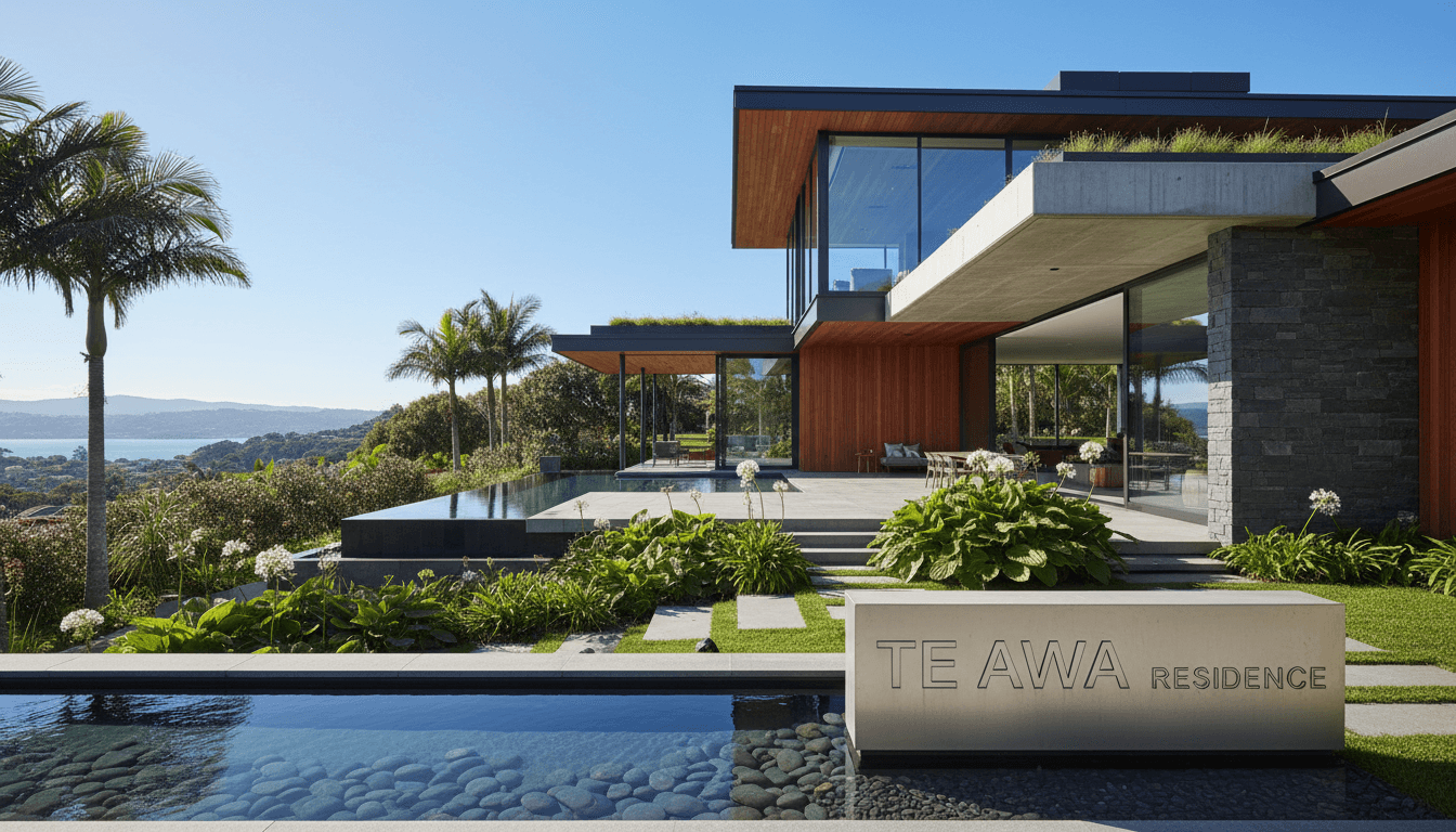 Modern Auckland home with striking architecture and lush landscaping