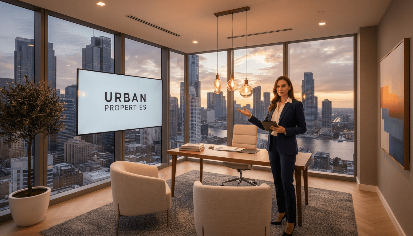 Real estate agent working in modern office with city view and warm lighting.