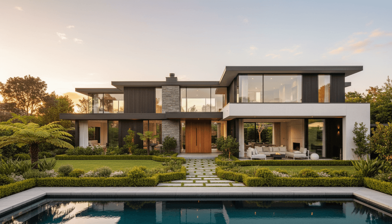 Modern home exterior at golden hour with lush landscaping