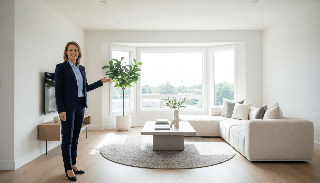 Real estate agent in business attire gestures in bright contemporary living room with large windows and natural light