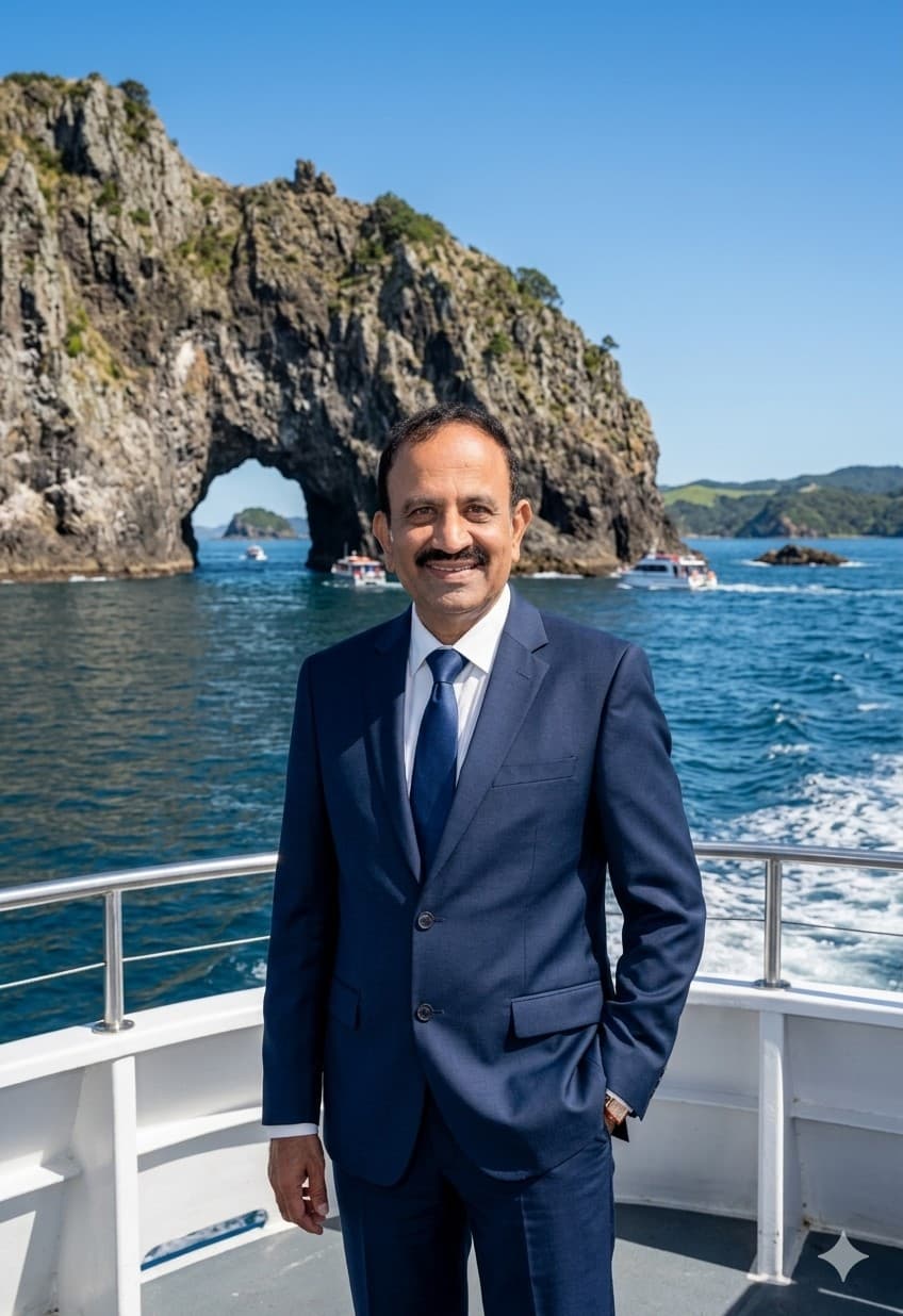 Smiling man in a navy suit on a boat before a large coastal rock arch.